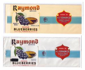 2 Raymond Maine Blueberries Can Labels Portland ME 1lb 3oz 1lb 4oz Embossed Gilt