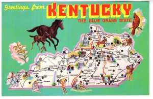 Greetings from Kentucky, Blue Grass State, Pictorial Map, Horses