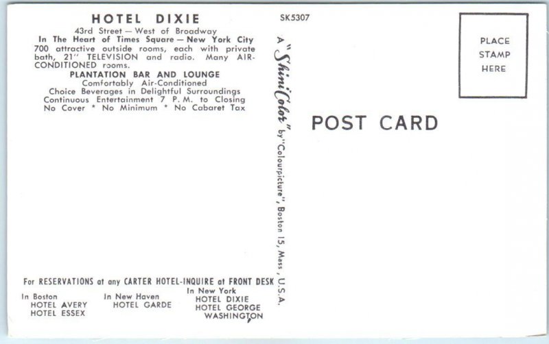 Postcard - Hotel Dixie, Times Square - New York City, New York