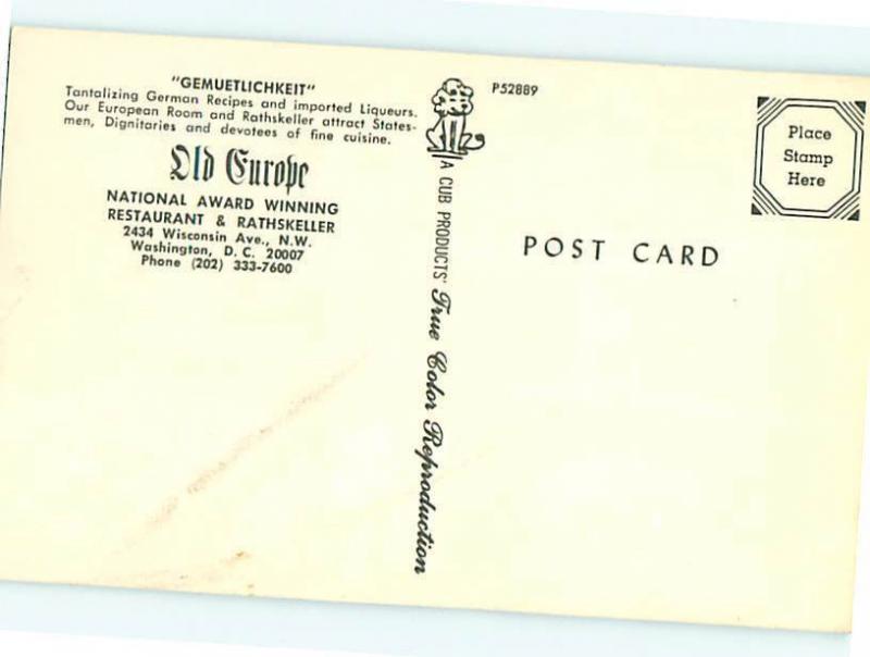 Old Europe Gemuetlichkeit Restaurant and Rathskeller Wash D C  Postcard # 8564