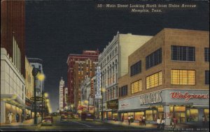 Memphis Tennessee TN Main St. Walgreens 1940s Linen Postcard