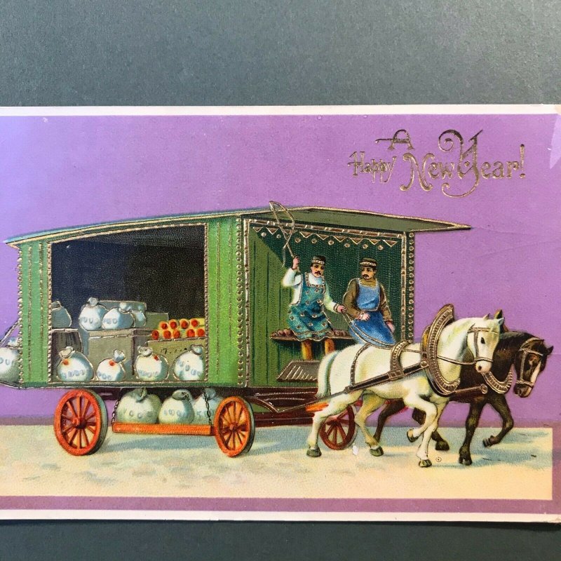 Dresden Gilt Horses Pulling Wagon Man Whip New Year Embossed Gel Postcard