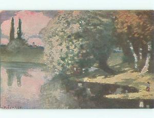 Unused Pre-Linen foreign signed PAINTING OF TREES ON POSTCARD J4238