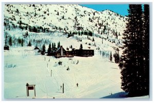 Alta Utah UT Postcard Alta Lodge Exterior Skiing Snow Trees Scene c1960s Vintage