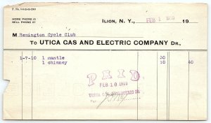 1910 ILION NY UTICA GAS AND ELECTRIC COMPANY REMINGTON CYCLE CLUB BILLHEAD Z4641