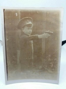 Young Boy in Army Cap Shooting A Pistol Vintage Antique Postcard