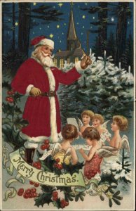 Christmas - Santa Claus Cherubs Sing in Woods Real Silk c1910 Postcard