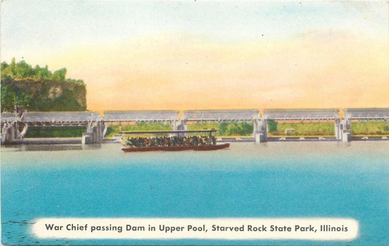 Starved Rock Illinois~Boat Trip of the Crowded War Chief in Upper Pool 1940s PC