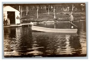 Vintage 1900's RPPC Postcard Man in Boat Lake House Wife Awaits - Funny