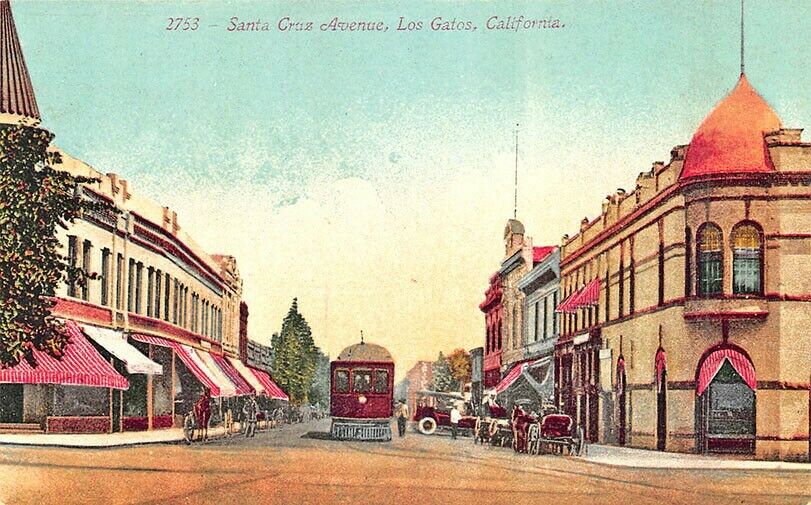 Los Gatos CA Storefronts Old Car Horse & Wagon Trolley Postcard United States California