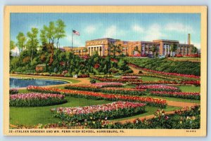 Harrisburg Pennsylvania Postcard Italian Gardens Penn High School Flowers 1940