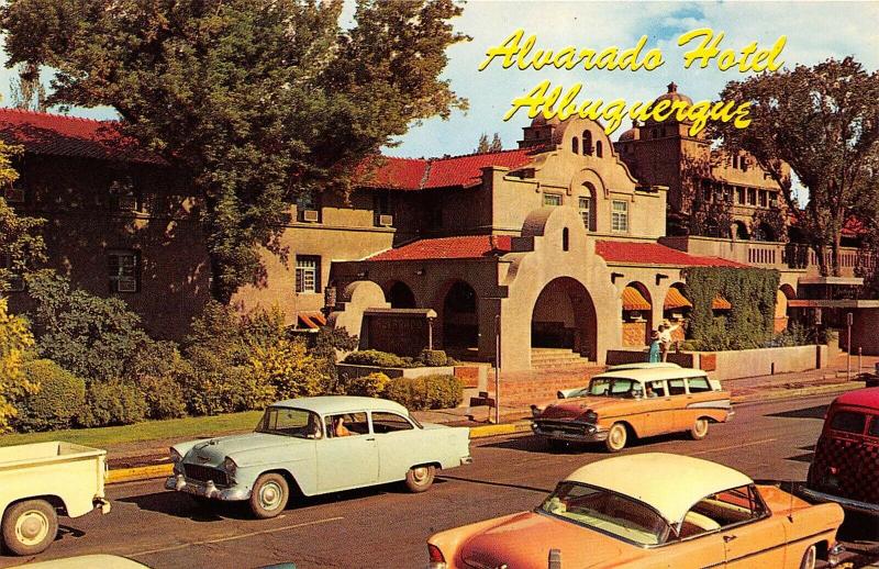 Albuquerque New Mexico 1950s Postcard Alvarado Hotel First Street Pink Cars