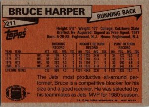 1981 Topps Football Card Bruce Harper New York Jets sk10308