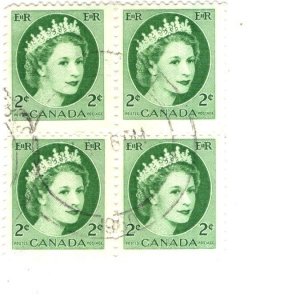 Canada, Used Block of Four, Elizabeth II, 2 Cent, Scott #338