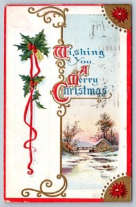 Wishing You A Merry Christmas, Holly, Rural Winter Scene, 1912 Herman Postcard