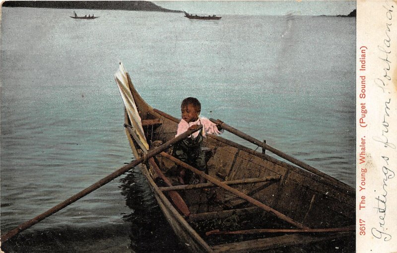 G33/ Puget Sound Washington Postcard Native American Indian Boy Whaler 1908