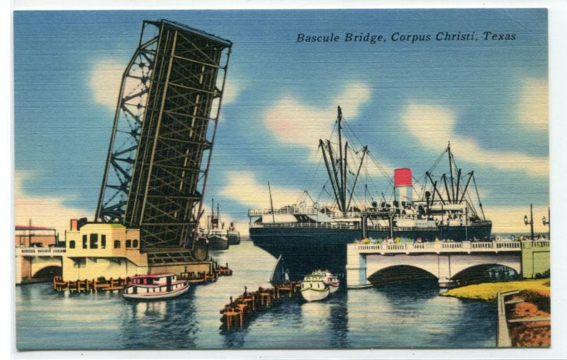 Ship Passing Through Bascule Bridge Port Corpus Christi Texas postcard