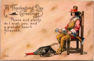 Postcard Thanksgiving Bergman  Man with musket sitting on chair with turkey