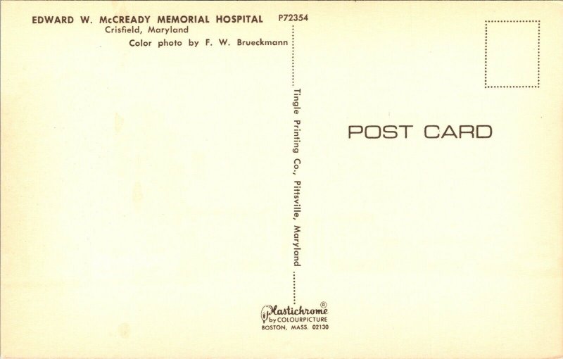 Edward W McCready Memorial Hospital Crisfield Maryland MD Postcard VTG UNP 