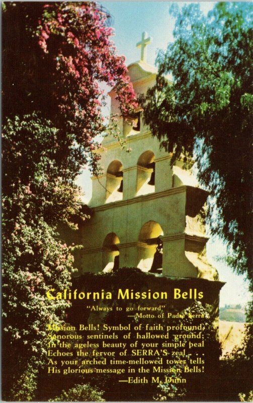 postcard  California Misson Bells - Edith Dunn poem