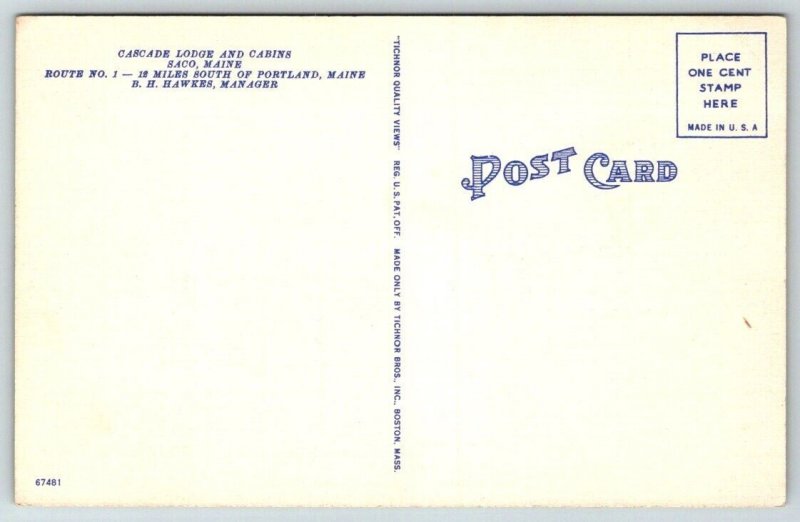 Cascade Lodge and Cabins  Saco   Maine   Postcard  c1945