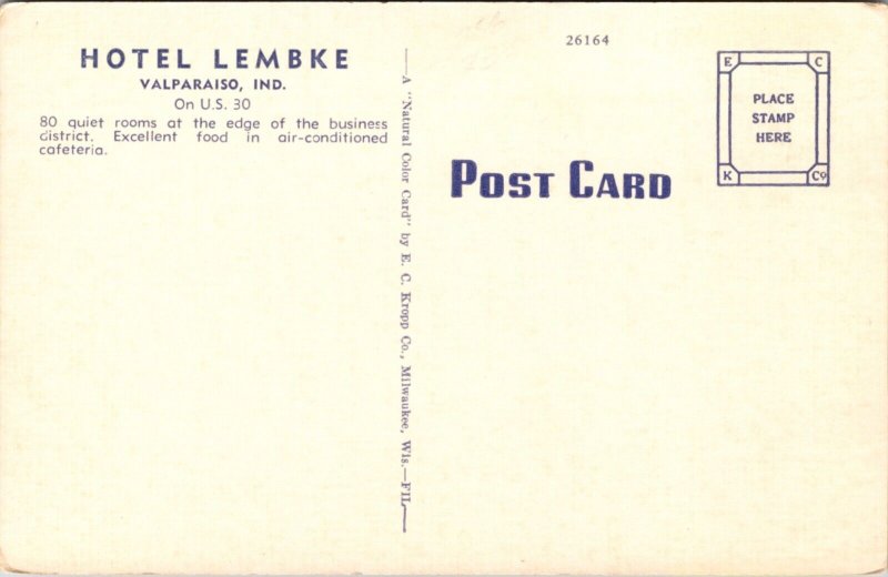 Linen Postcard Hotel Lembke on U.S. 30 in Valparaiso, Indiana