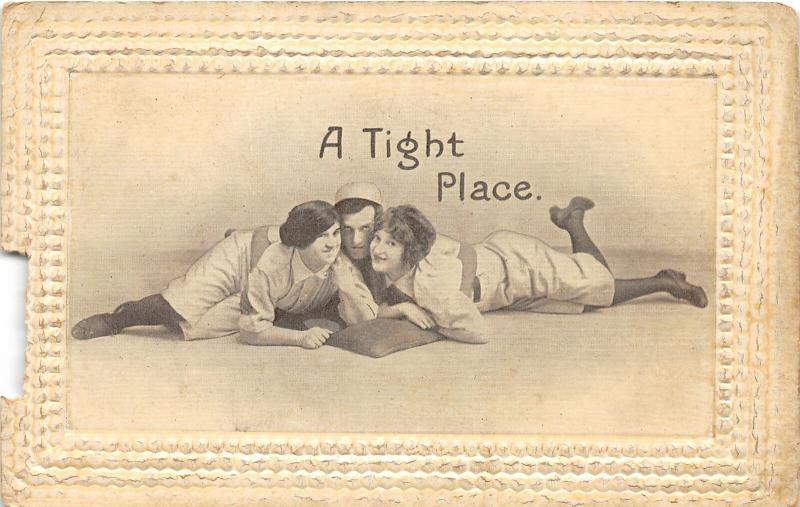 F12/ Baseball Sports Postcard c1910 Tight Place Bas Girls 2