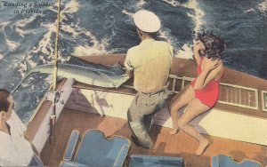 Florida, FL, Beautiful Woman Fishing, Boat, Fish, 1940's Linen, Marlin