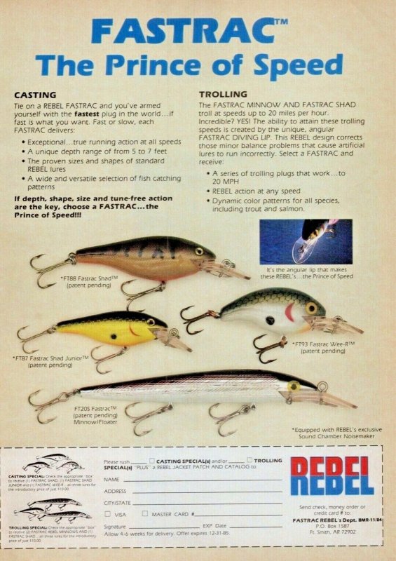 1984 Rebel Fishing Lures Fastrac Shad Print Ad