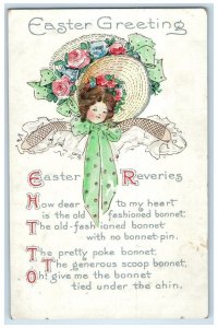 c1910's Easter Greeting Woman Big Hat Flowers Embossed Posted Antique Postcard