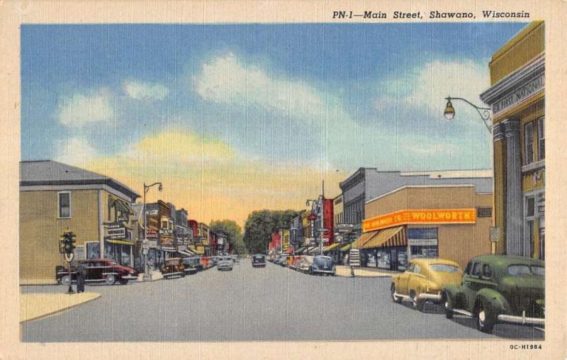 Shawano Wisconsin Main Street Scene Linen Antique Postcard K20944