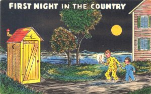 First Night In The Country Outhouse Colourpicture Linen Postcard