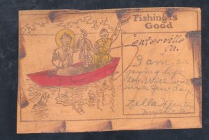 VINTAGE LEATHER POSTCARD CENTERVILLE IOWA FISHING IS GOOD BOAT 1906 COLUMBIA MO.