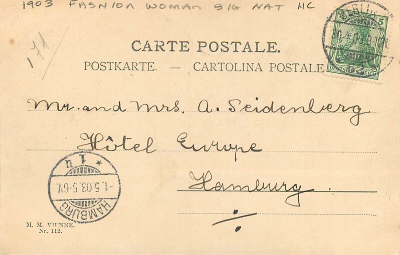 Postcard 1903 Fashion woman big hat hand colored undivided 23-6574