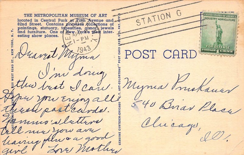 Metropolitan Museum of Art, New York, N.Y.,  Early Linen Postcard, Used in 1943