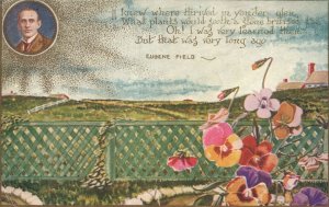 Vintage Postcard 1909 Eugine Field Beautiful Pansies Fenced House in Distance