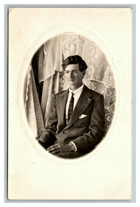 Vintage 1910's RPPC Living Room Portrait Well Dressed Man Suit & Tie