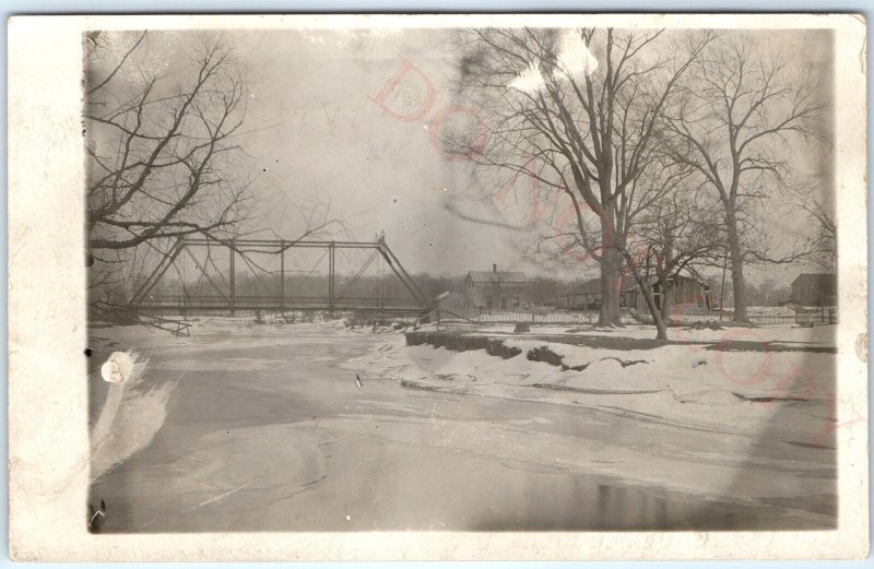 c1910s Mystery US Truss Bridge RPPC Winter Farm House History Photo Postcard A93