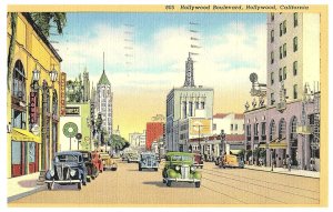 Hollywood Boulevard with Old Cars Vtg Linen Postcard 1939