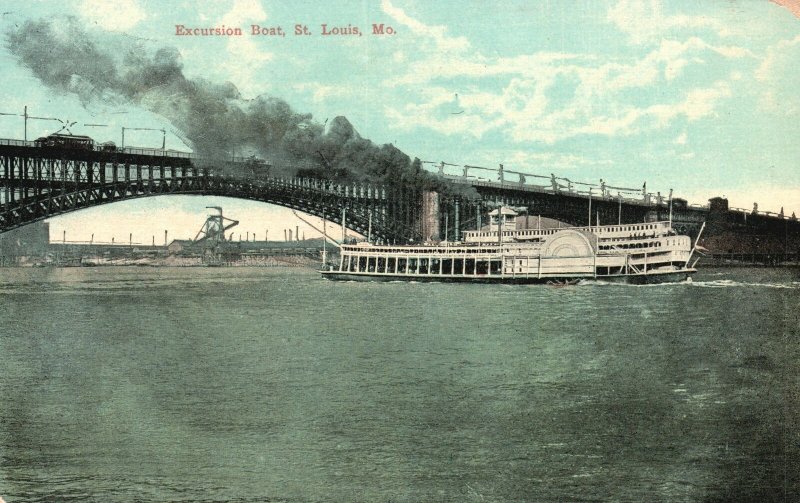 St. Louis MO-Missouri, 1911 Excursion Steam Ship Boat Bridge Vintage Postcard