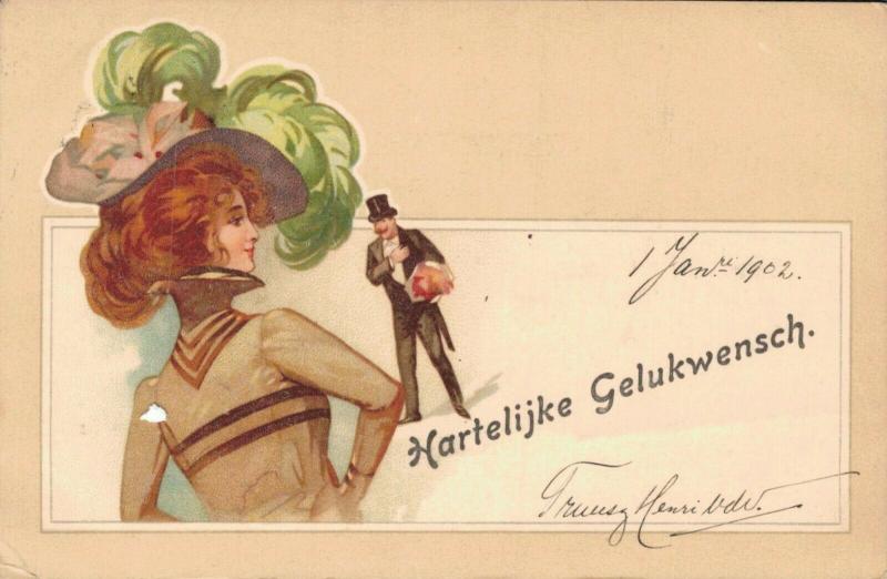 Happy New Year Vintage Dutch Postcard Woman Art Nouveau 02.81