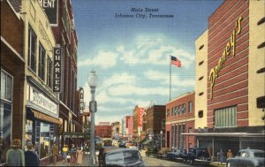 Johnson City Tennessee TN Main St. Visible Signs c1940s Linen Postcard