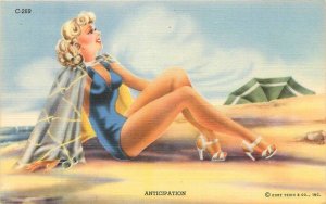 1940s Sexy Bathing Suit woman anticipation Teich C-269 Postcard 22-8224