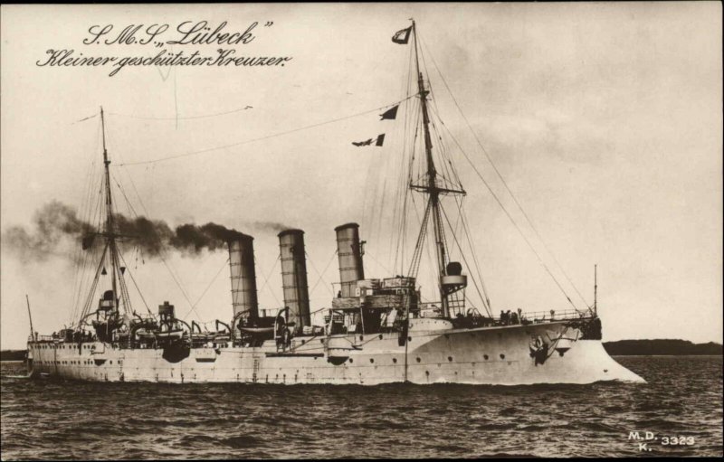 WWI German Battleship Ship LMS Lubeck Vintage Real Photo Postcard