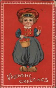 Valentine Little Dutch Boy with Basket of Hearts c1910 Vintage Postcard