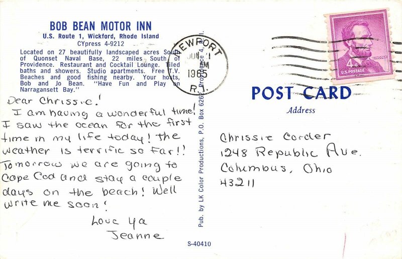 Wickford Rhode Island 1965 Postcard bob Bean Motor Inn