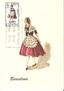 Spain Regional Costumes. Barcelona Modern Spanish PC with first day stamped st