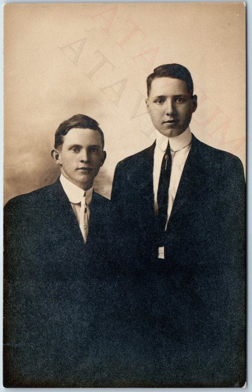 c1910s Handsome Young Men Portrait ARTEX RPPC Black Suit Fashion Real Photo A212