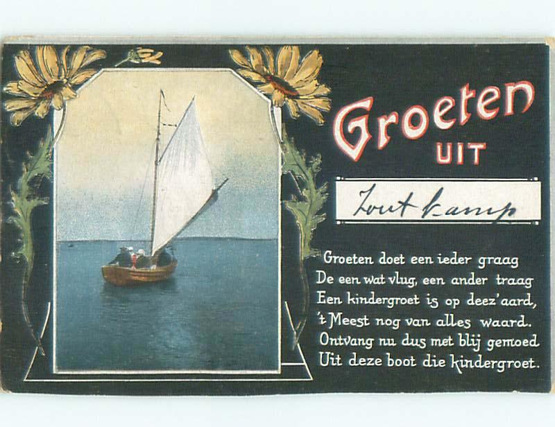 Pre-Linen foreign SAILBOAT BOAT & GROETEN - NETHERLANDS DUTCH FOR GREET J4636