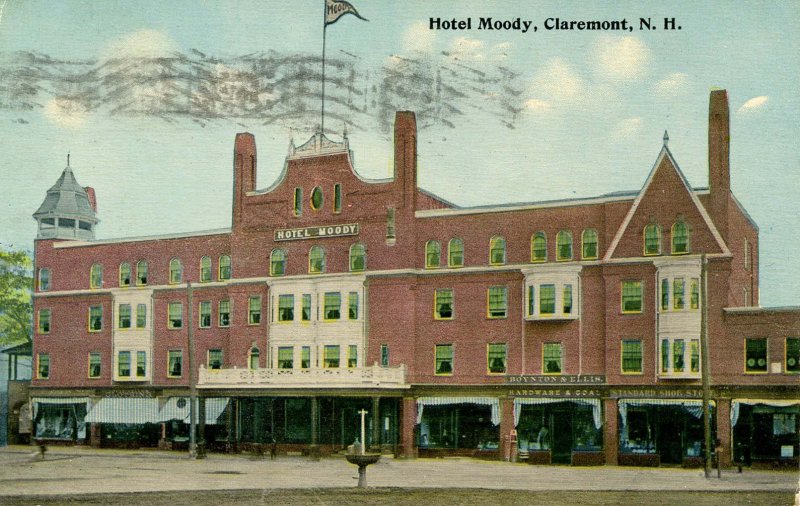 NH - Claremont. Hotel Moody  (excessive postal ink on front)